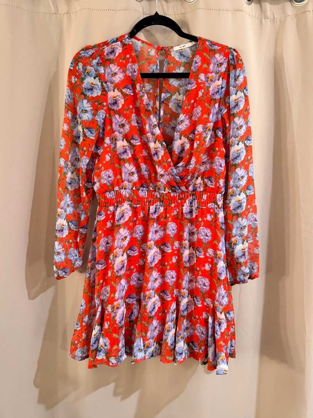 Miami Red Floral Surplice Dress with Blue Accents